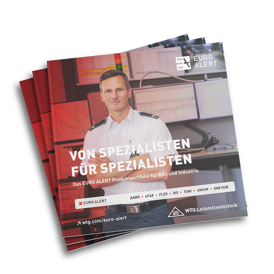 Ein Stapel Flyer des EURO ALERT Produktportfolios.