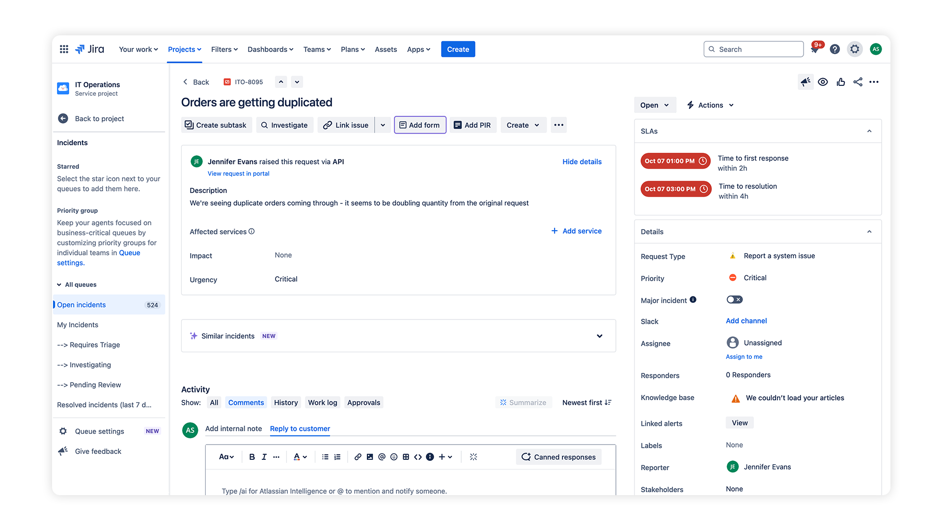 Order Screenshot JIra Service Management